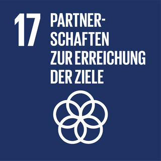Das Bild zeigt die Nummer 17 mit dem Titel „Partnerschaften zur Erreichung der Ziele“ und einem symbolischen Logo in Form von verbundenen Ringen.