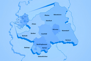 Die Karte zeigt eine Region in Deutschland mit verschiedenen Städten wie Münster, Borken und Recklinghausen, in unterschiedlichen Blautönen.