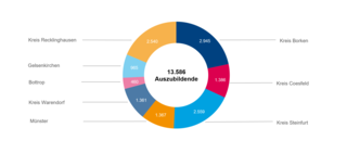 Das Bild zeigt ein Diagramm mit den Ausbildungszahlen in verschiedenen Kreisen, insgesamt 13.586 Auszubildende. Die Werte sind farblich unterteilt.