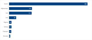 Das Bild zeigt ein Balkendiagramm, das die Anzahl von Personen aus verschiedenen Ländern darstellt, die nach Syrien, Afghanistan und Irak am häufigsten sind.