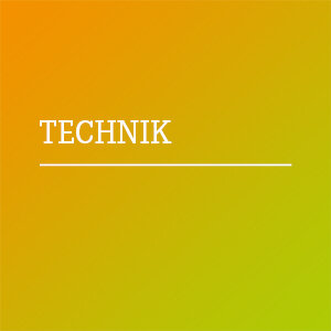 Das Bild zeigt einen Farbverlauf von Orange zu Grün mit dem Wort "TECHNIK" in einfacher Schrift. Minimalistisch und modern gestaltet.