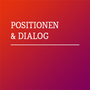 Das Bild zeigt einen farbverlaufenden Hintergrund in Orange und Lila mit dem Text „Positionen & Dialog“ in weißer Schrift.