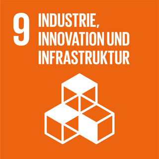 Das Bild zeigt das Symbol für Ziel 9 der UN-Nachhaltigkeitsziele: Industrie, Innovation und Infrastruktur. Die Farbe ist orange.