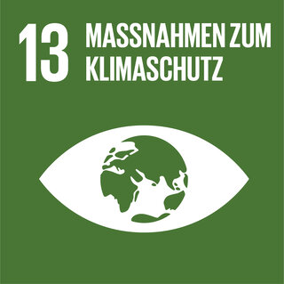 Das Bild zeigt das Symbol für Ziel 13 der UN-Nachhaltigkeitsziele: Maßnahmen zum Klimaschutz, mit einer Erde im Fokus.