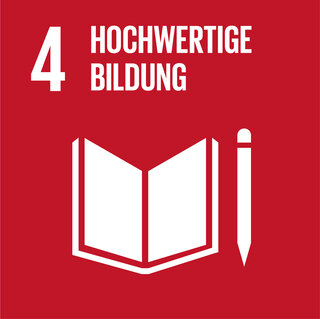 Das Bild zeigt das Symbol für Ziel 4 der UN-Nachhaltigkeitsziele: hochwertige Bildung, dargestellt durch ein offenes Buch und einen Stift.