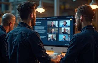 Drei Personen in dunkler Kleidung stehen vor einem Computerbildschirm, auf dem mehrere Videokonferenzen angezeigt werden. Die Atmosphäre ist konzentriert.