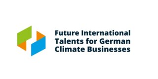 Das Bild zeigt das Logo eines Programms, das internationale Talente für deutsche Klimabetriebe fördert. Es besteht aus bunten geometrischen Formen.