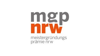 Das Bild zeigt ein Logo mit den Buchstaben "mgp" in Grau und "nrw" in Rot. Darunter steht "meistergründungsprämie nrw".